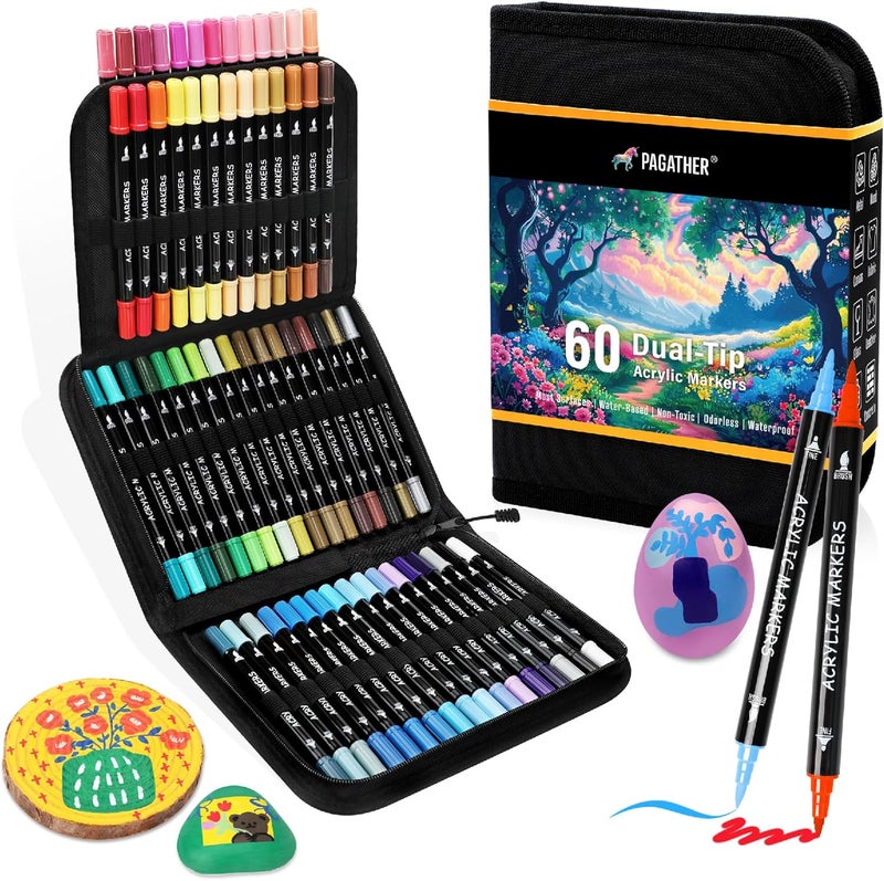 Pagather 60 Colors Acrylic Paint Markers, Dual Tip with Fine Tip and Brush Tip Pens for Stone, Wood, Calligraphy, Canvas, Ceramic, Metal, Glass, Rock Painting, DIY Crafts Art Supplies Kit - Image 1